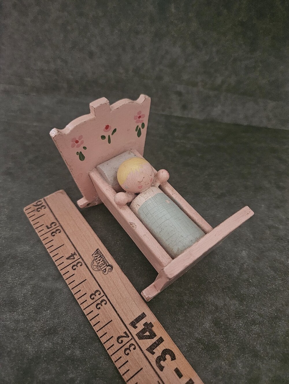 Vintage Wooden Dollhouse Baby Cradle Rocking Bed w/ Wooden Doll Hand Painted